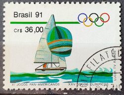 C 1727 Selo Jogos Panamericanos Havana Cuba Olimpiadas de Barcelona Vela 1991 Circulado 1