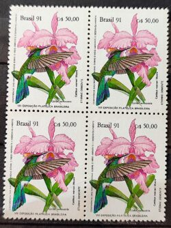 C 1755 Selo BRAPEX Beija Flor Orquidea Filatelia Servico Postal 1991 Quadra