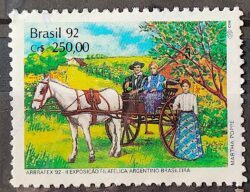 C 1779 Selo ARBRAFEX Argentina Costumes Gauchos Cavalo Charrete Carroca 1992 Circulado 2