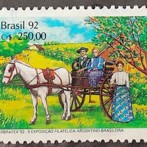 C 1779 Selo ARBRAFEX Argentina Costumes Gauchos Cavalo Charrete Carroca 1992 Circulado 2