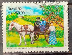 C 1779 Selo ARBRAFEX Argentina Costumes Gauchos Cavalo Charrete Carroca 1992 Circulado 4
