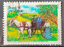 C 1779 Selo ARBRAFEX Argentina Costumes Gauchos Cavalo Charrete Carroca 1992 Circulado 8