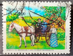 C 1779 Selo ARBRAFEX Argentina Costumes Gauchos Cavalo Charrete Carroca 1992 Circulado 9