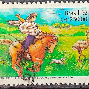C 1780 Selo ARBRAFEX Argentina Costumes Gauchos Cavalo 1992 Circulado 1