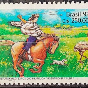 C 1780 Selo ARBRAFEX Argentina Costumes Gauchos Cavalo 1992 Circulado 10