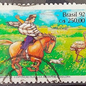 C 1780 Selo ARBRAFEX Argentina Costumes Gauchos Cavalo 1992 Circulado 12