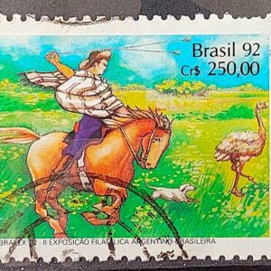 C 1780 Selo ARBRAFEX Argentina Costumes Gauchos Cavalo 1992 Circulado 13