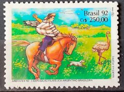 C 1780 Selo ARBRAFEX Argentina Costumes Gauchos Cavalo 1992 Circulado 2
