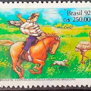 C 1780 Selo ARBRAFEX Argentina Costumes Gauchos Cavalo 1992 Circulado 2