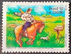 C 1780 Selo ARBRAFEX Argentina Costumes Gauchos Cavalo 1992 Circulado 3