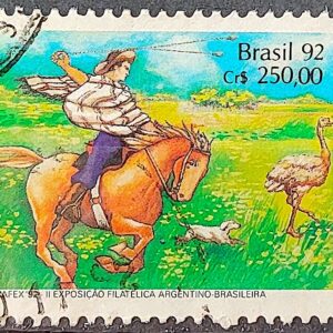 C 1780 Selo ARBRAFEX Argentina Costumes Gauchos Cavalo 1992 Circulado 4