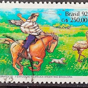 C 1780 Selo ARBRAFEX Argentina Costumes Gauchos Cavalo 1992 Circulado 6