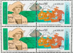 C 1788 Selo UPAEP Descobrimento da America Cristovao Colombo Mapa Navio Espanha 1992 Quadra