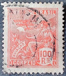 Selo Regular Cod RHM 180 Vovo Aviacao Aviao 100 Reis Sem Filigrana 1920 Circulado 11