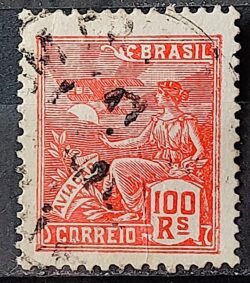 Selo Regular Cod RHM 180 Vovo Aviacao Aviao 100 Reis Sem Filigrana 1920 Circulado 14