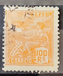 Selo Regular Cod RHM 181 Vovo Aviacao Aviao 100 Reis Sem Filigrana 1922 Circulado 4