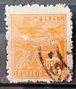 Selo Regular Cod RHM 181 Vovo Aviacao Aviao 100 Reis Sem Filigrana 1922 Circulado 6