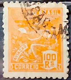 Selo Regular Cod RHM 181 Vovo Aviacao Aviao 100 Reis Sem Filigrana 1922 Circulado 8