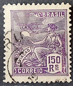 Selo Regular Cod RHM 182 Vovo Aviacao Aviao 150 Reis Sem Filigrana 1920 Circulado 4