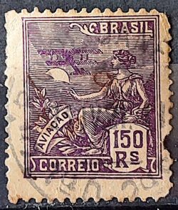 Selo Regular Cod RHM 182 Vovo Aviacao Aviao 150 Reis Sem Filigrana 1920 Circulado 5