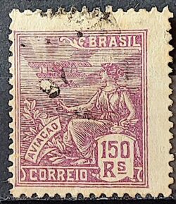 Selo Regular Cod RHM 182 Vovo Aviacao Aviao 150 Reis Sem Filigrana 1920 Circulado 8