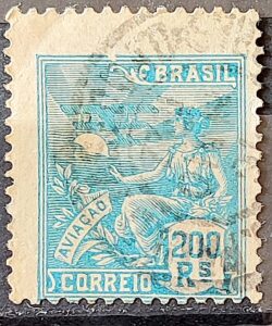 Selo Regular Cod RHM 183 Vovo Aviacao Aviao 200 Reis Sem Filigrana 1920 Circulado 4