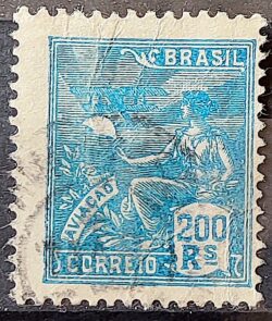 Selo Regular Cod RHM 183 Vovo Aviacao Aviao 200 Reis Sem Filigrana 1920 Circulado 6