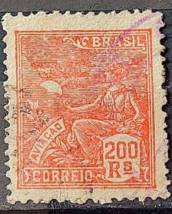 Selo Regular Cod RHM 184 Vovo Aviacao Aviao 200 Reis Sem Filigrana 1922 Circulado 1