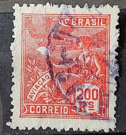 Selo Regular Cod RHM 184 Vovo Aviacao Aviao 200 Reis Sem Filigrana 1922 Circulado 12