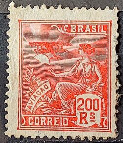 Selo Regular Cod RHM 184 Vovo Aviacao Aviao 200 Reis Sem Filigrana 1922 Circulado 13