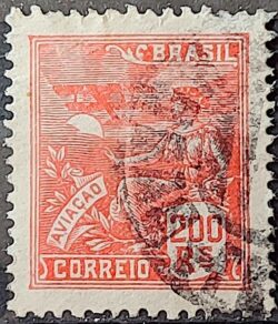 Selo Regular Cod RHM 184 Vovo Aviacao Aviao 200 Reis Sem Filigrana 1922 Circulado 14