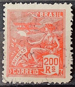 Selo Regular Cod RHM 184 Vovo Aviacao Aviao 200 Reis Sem Filigrana 1922 Circulado 3