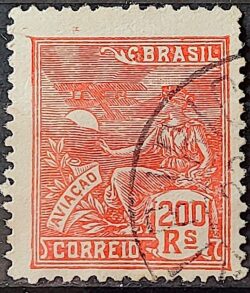 Selo Regular Cod RHM 184 Vovo Aviacao Aviao 200 Reis Sem Filigrana 1922 Circulado 4