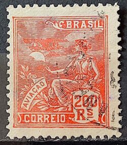 Selo Regular Cod RHM 184 Vovo Aviacao Aviao 200 Reis Sem Filigrana 1922 Circulado 6
