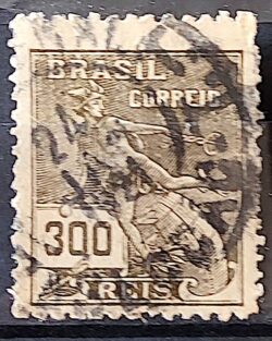 Selo Regular Cod RHM 185 Vovo Mercurio e Globo 300 Reis Sem Filigrana 1920 Circulado 10