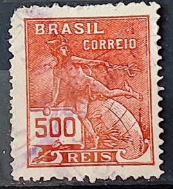 Selo Regular Cod RHM 187 Vovo Mercurio e Globo 500 Reis Sem Filigrana 1920 Circulado 9