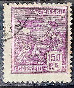 Selo Regular Cod RHM 198 Vovo Aviacao Aviao 150 Reis Filigrana D 1921 Circulado 3