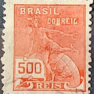 Selo Regular Cod RHM 203 Vovo Mercurio e Globo 500 Reis Filigrana D 1921 Circulado 5