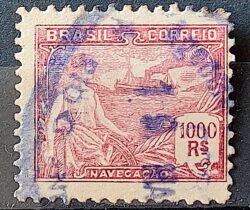 Selo Regular Cod RHM 205 Vovo Navegacao Navio 1000 Reis Filigrana D Denteacao 11,5 Nao Catalogado 1921 Circulado 10