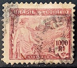 Selo Regular Cod RHM 205 Vovo Navegacao Navio 1000 Reis Filigrana D Denteacao 11,5 Nao Catalogado 1921 Circulado 5