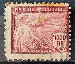 Selo Regular Cod RHM 205 Vovo Navegacao Navio 1000 Reis Filigrana D Denteacao 11,5 Nao Catalogado 1921 Circulado 7