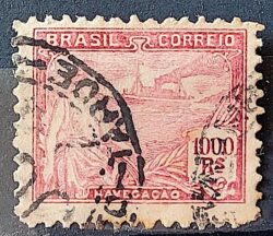 Selo Regular Cod RHM 205 Vovo Navegacao Navio 1000 Reis Filigrana D Denteacao 11,5 Nao Catalogado 1921 Circulado 8