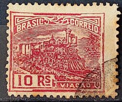 Selo Regular Cod RHM 216 Vovo Viacao Trem 10 Reis Filigrana F 1924 Circulado Vermelho Nao Catalogado