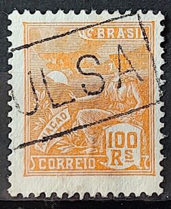 Selo Regular Cod RHM 220 Vovo Aviacao Aviao 100 Reis Filigrana F 1924 Circulado 1