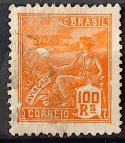 Selo Regular Cod RHM 220 Vovo Aviacao Aviao 100 Reis Filigrana F 1924 Circulado 13