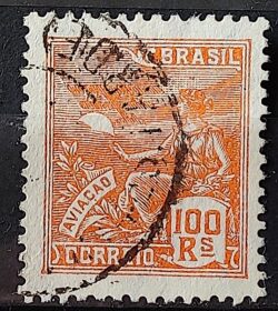 Selo Regular Cod RHM 220 Vovo Aviacao Aviao 100 Reis Filigrana F 1924 Circulado 20