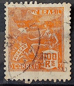 Selo Regular Cod RHM 220 Vovo Aviacao Aviao 100 Reis Filigrana F 1924 Circulado 22