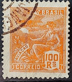 Selo Regular Cod RHM 220 Vovo Aviacao Aviao 100 Reis Filigrana F 1924 Circulado 3