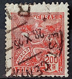 Selo Regular Cod RHM 221 Vovo Aviacao Aviao 200 Reis Filigrana F 1924 Circulado 10