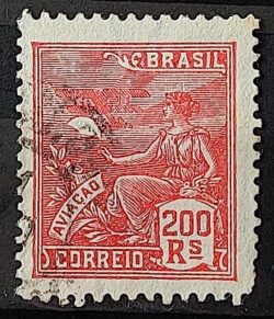 Selo Regular Cod RHM 221 Vovo Aviacao Aviao 200 Reis Filigrana F 1924 Circulado 2